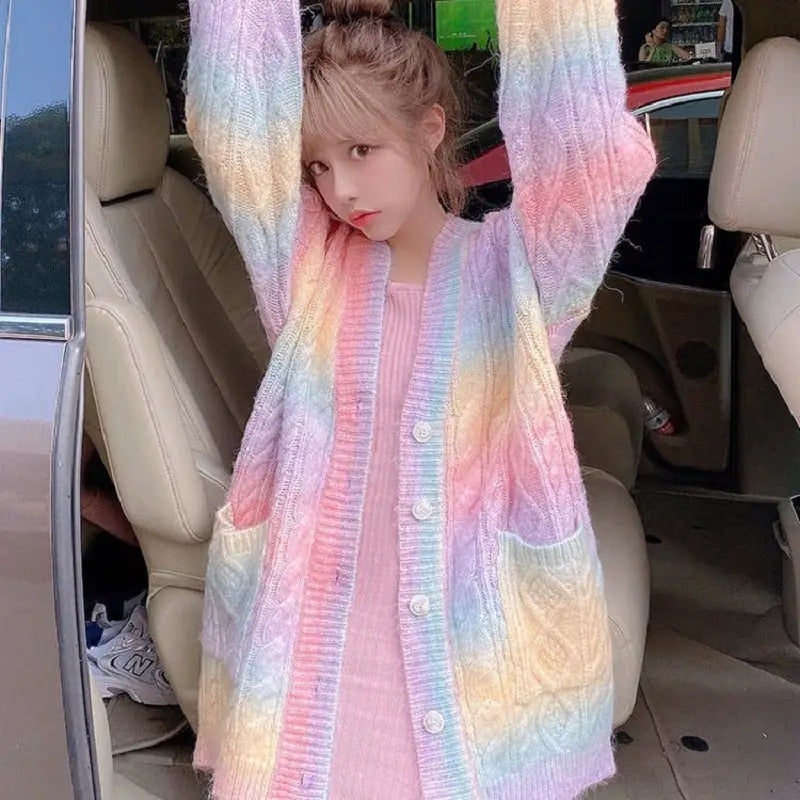 Rainbow Knitted Kawaii Sweater Open Cardigan / XL