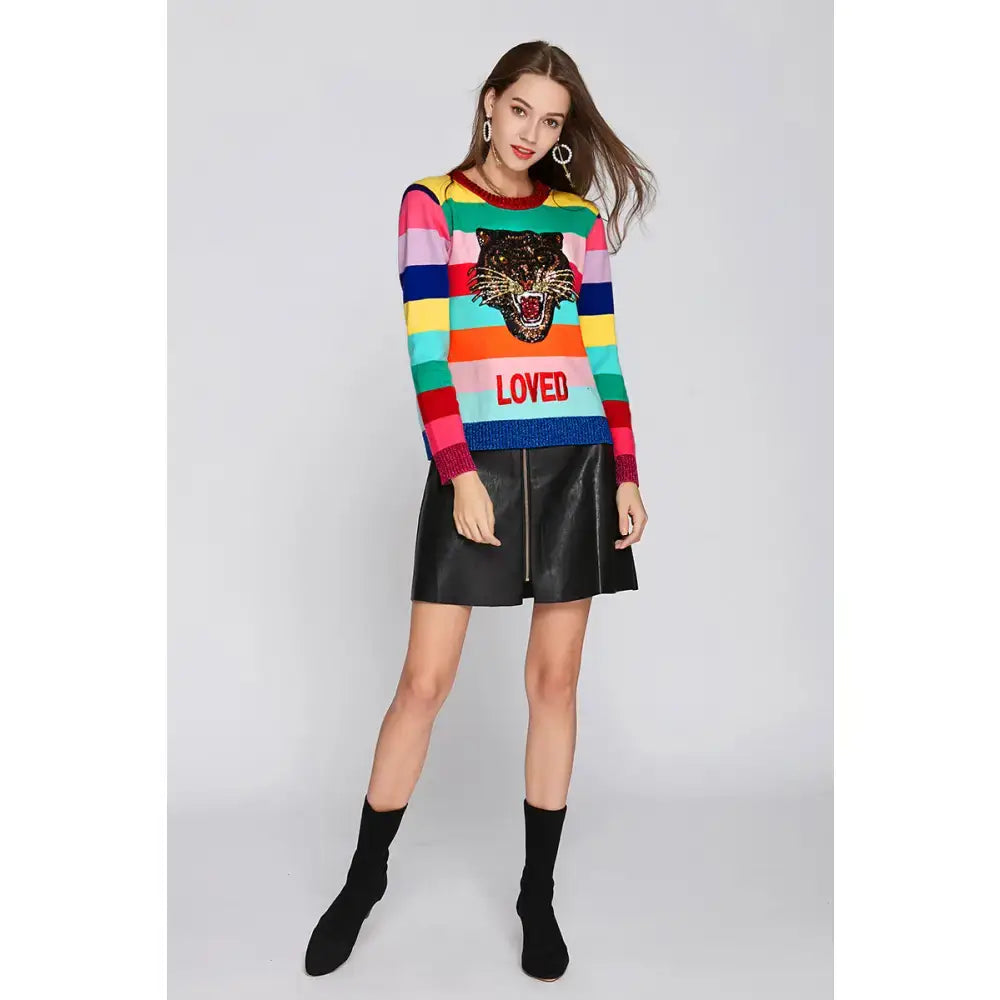 Rainbow Loved Tiger Knitted Sweater for Women One Size