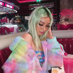 Rainbow Pastel Plush Loose Short Jacket