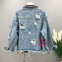 Rainbow Patchwork Denim Jacket with Hood for Kids