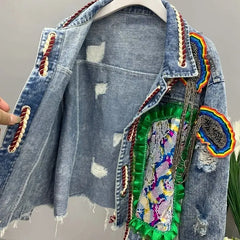 Rainbow Patchwork Denim Jacket with Hood for Kids
