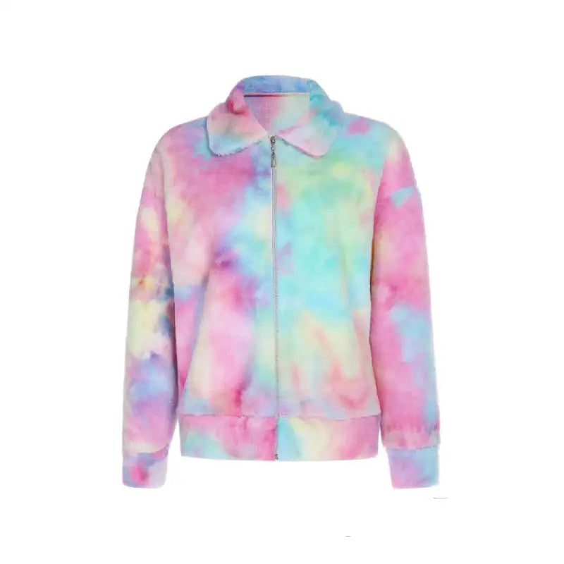 Rainbow Plush Loose Jacket for Cozy Everyday Wear Pink-Blue