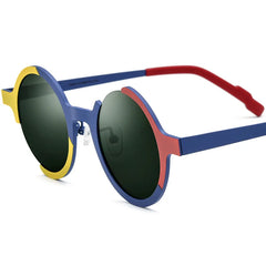 Rainbow Round Sunglasses with bold colorblock acetate frame detail and UV protection for beach wear.