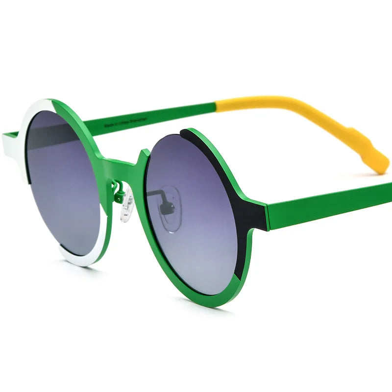 Rainbow round sunglasses with bold colorblock acetate frame detail and UV protection for beach styling.