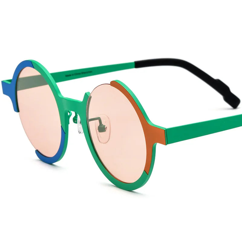 Rainbow round sunglasses with bold colorblock acetate frame shown in detail close up view