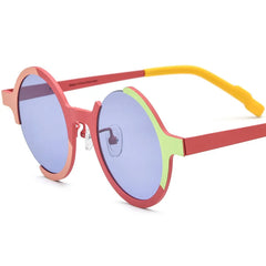 Rainbow round sunglasses with colorblock acetate frame and UV protection detail close up