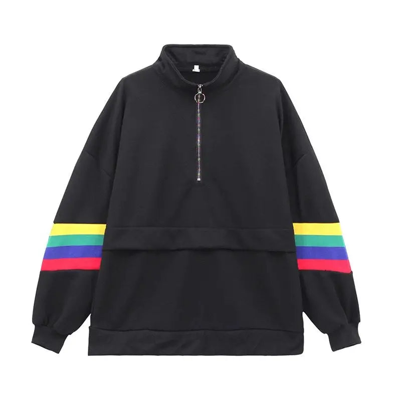 Rainbow Stand-Up Collar Loose Sweatshirt - Black / S
