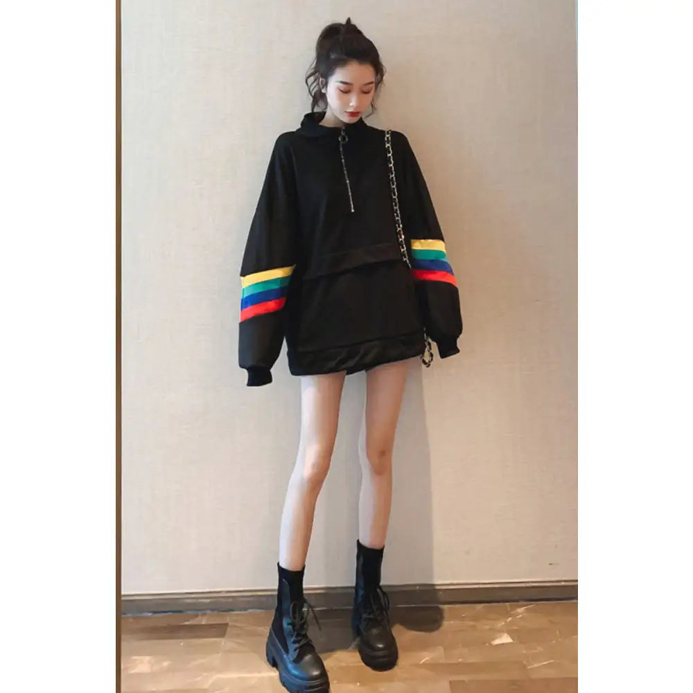 Rainbow Stand-Up Collar Loose Sweatshirt