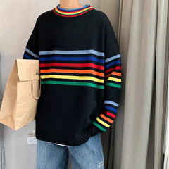 Rainbow Stripe Oversize Sweater - Black / M