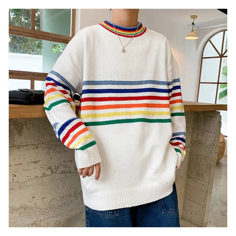 Rainbow Stripe Oversize Sweater - White / M
