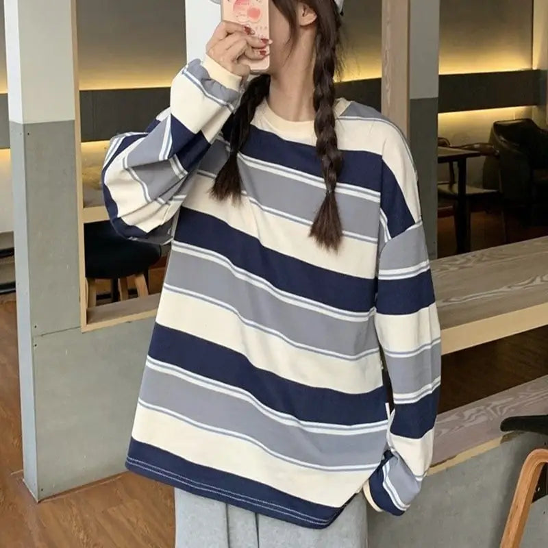 Rainbow Striped Harajuku Sweater for Spring and Autumn Blue