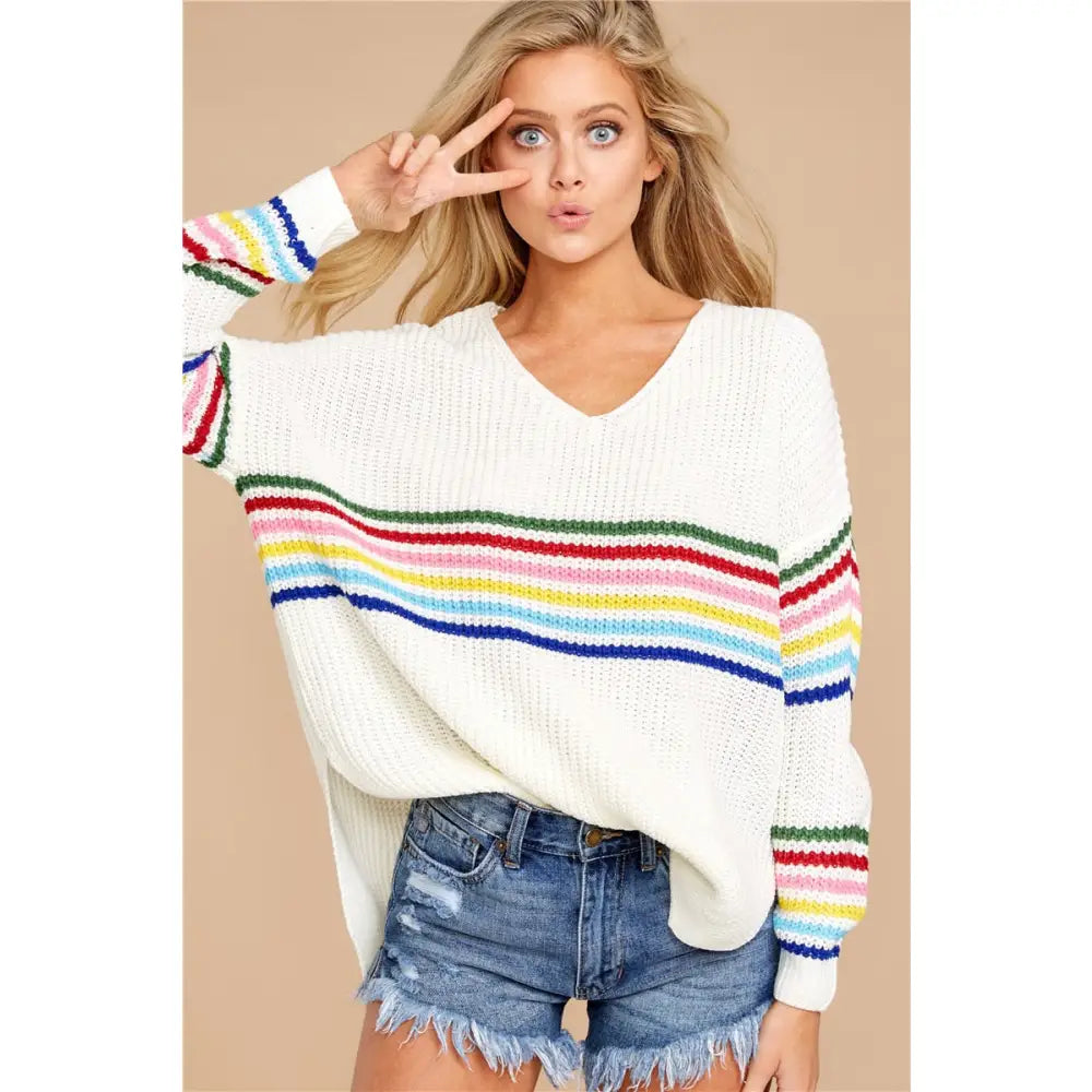 Rainbow Striped Knitted Sweater Acrylic Fabric