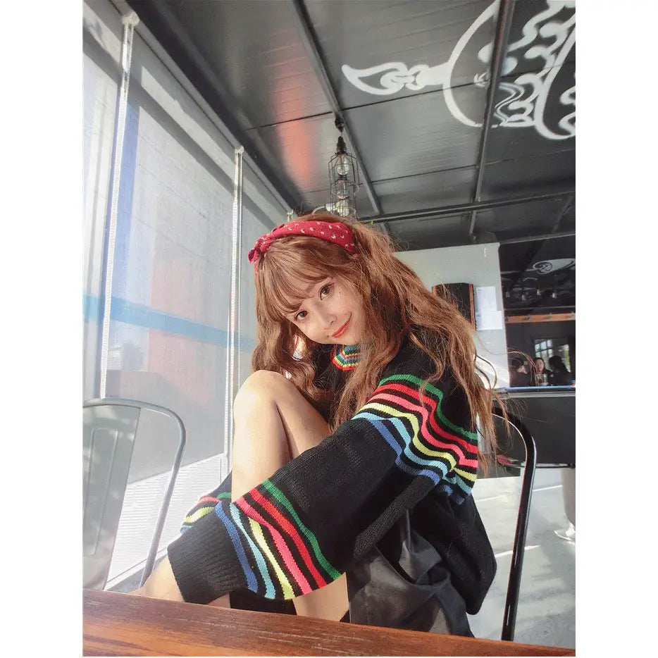 Rainbow Striped Loose Sweater for Casual Wear