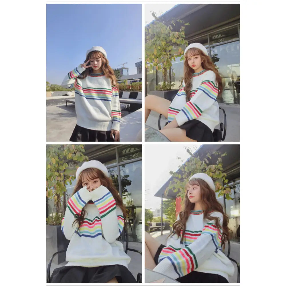 Rainbow Striped Loose Sweater for Casual Wear