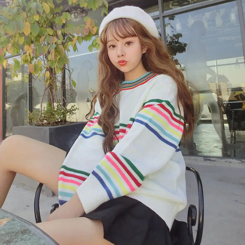 Rainbow Striped Loose Sweater for Casual Wear