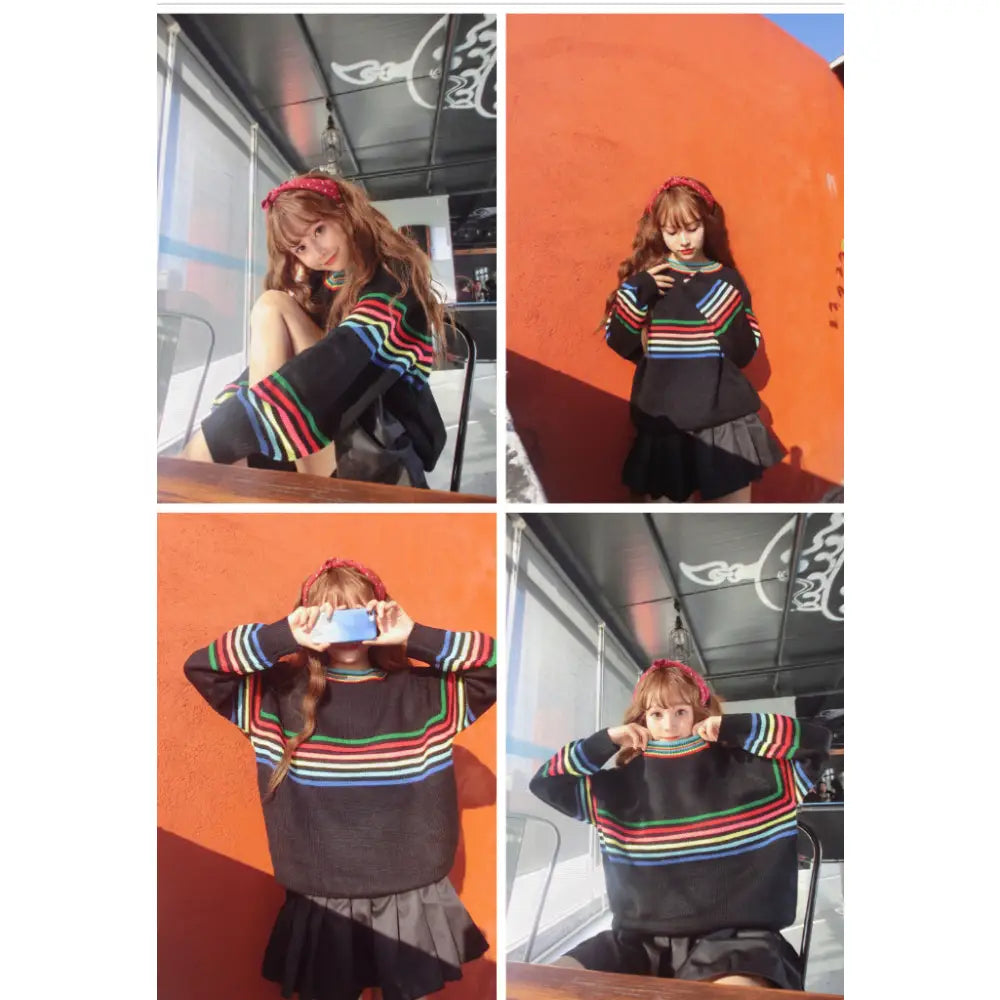 Rainbow Striped Loose Sweater for Casual Wear