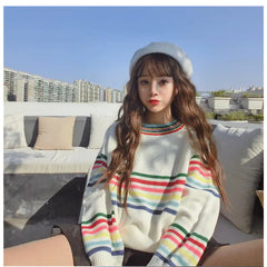 Rainbow Striped Loose Sweater for Casual Wear