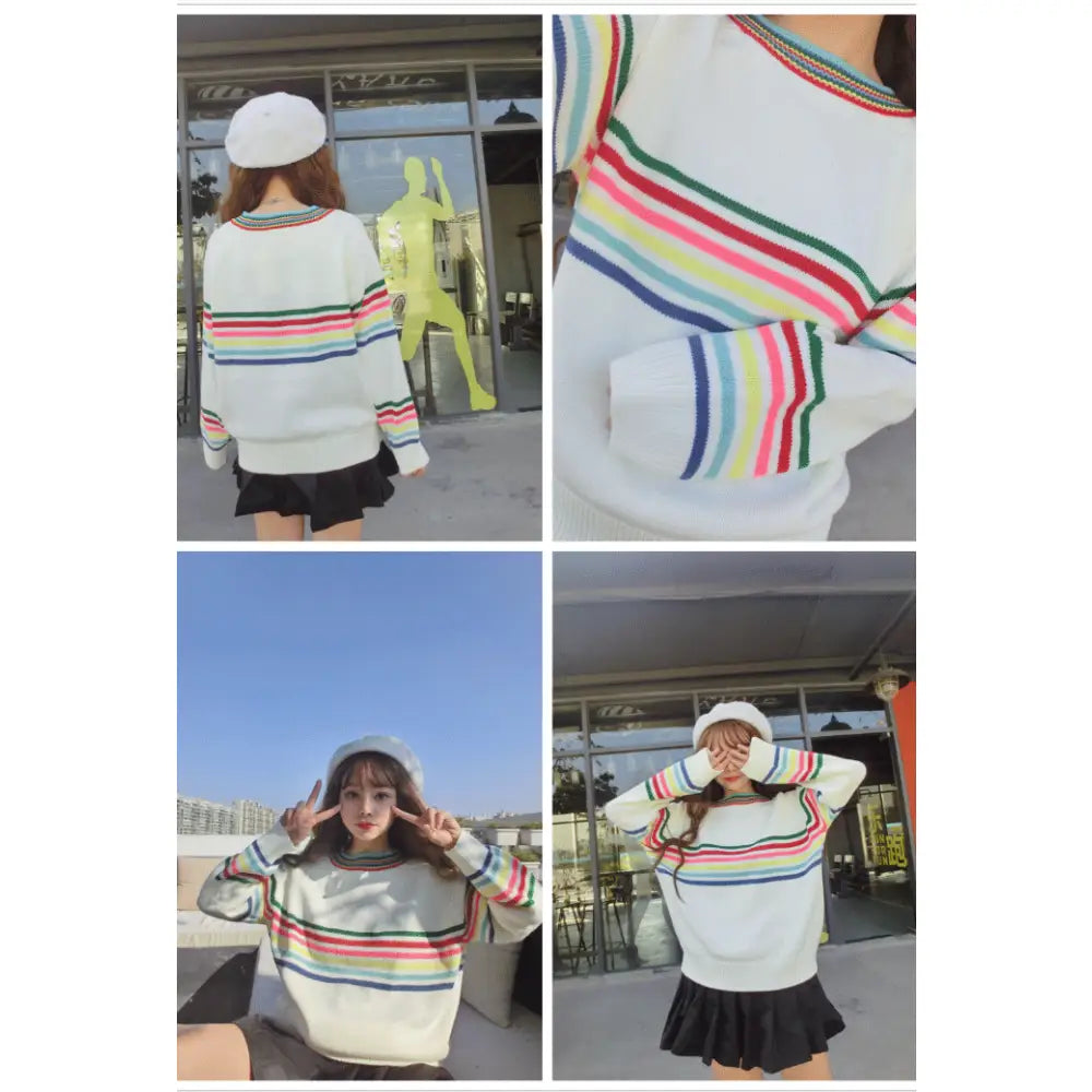 Rainbow Striped Loose Sweater for Casual Wear