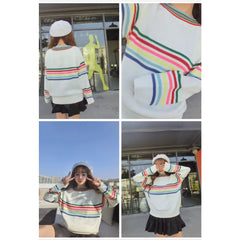 Rainbow Striped Loose Sweater for Casual Wear