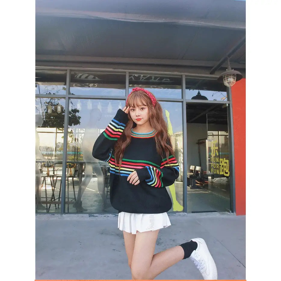 Rainbow Striped Loose Sweater for Casual Wear