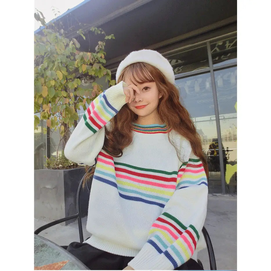 Rainbow Striped Loose Sweater for Casual Wear White
