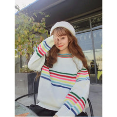 Rainbow Striped Loose Sweater for Casual Wear White