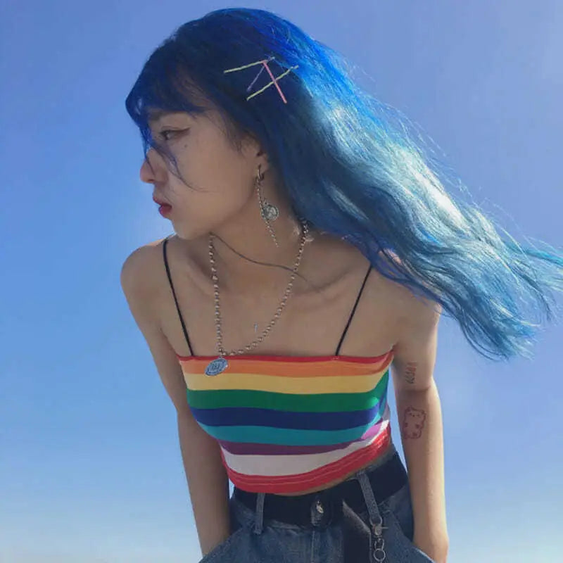 Rainbow Striped Sleeveless Crop-Top - crop top