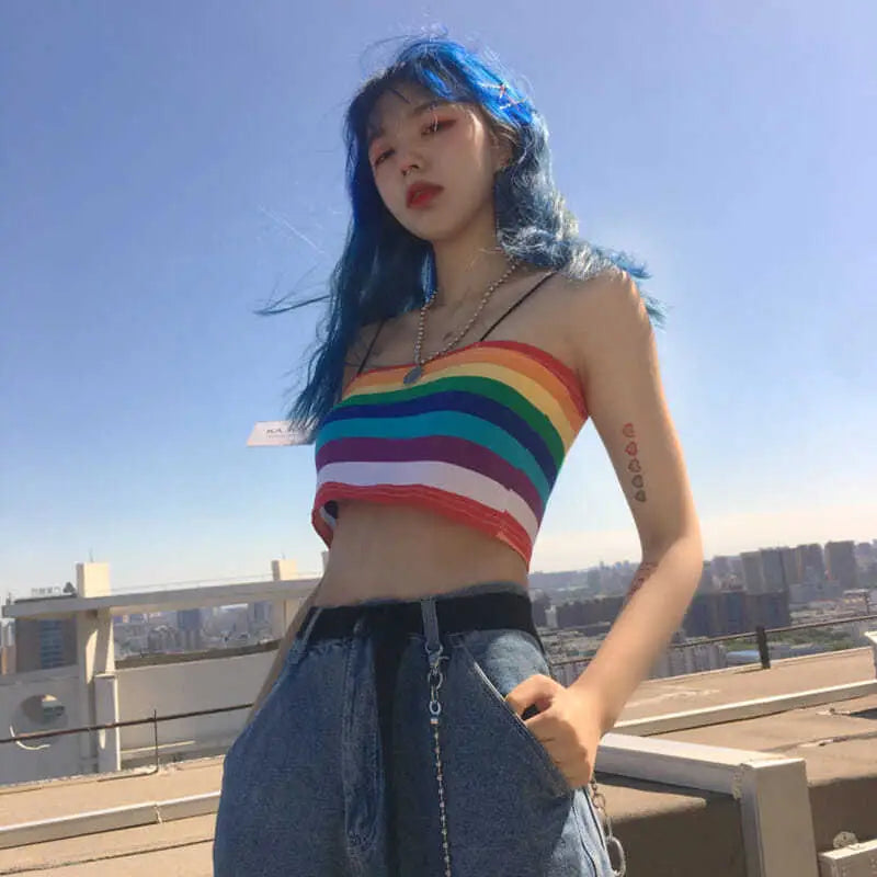 Rainbow Striped Sleeveless Crop-Top - crop top