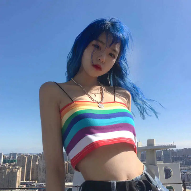 Rainbow Striped Sleeveless Crop-Top - crop top