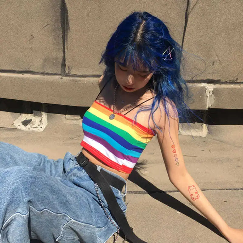 Rainbow Striped Sleeveless Crop Top / S