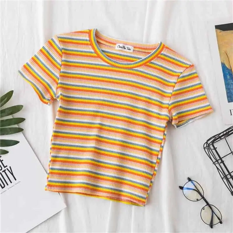 Rainbow Striped Slim Fit Top Blouse