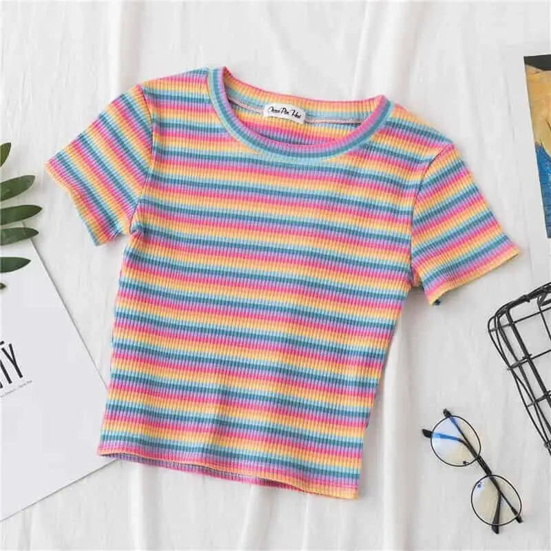Rainbow Striped Slim Fit Top Blouse Pink / S