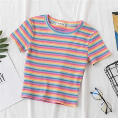 Rainbow Striped Slim Fit Top Blouse Pink / S