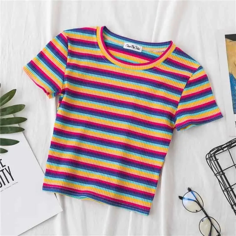 Rainbow Striped Slim Fit Top Blouse Purple / S