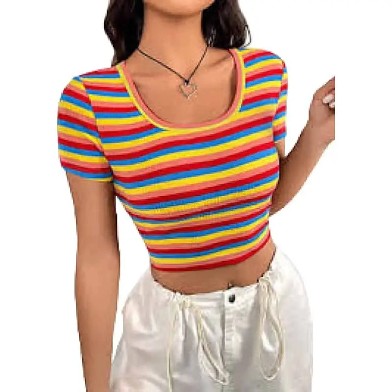Rainbow Striped Slim Fit Top Blouse - top
