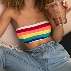 Rainbow Striped Strapless Tube Top - S