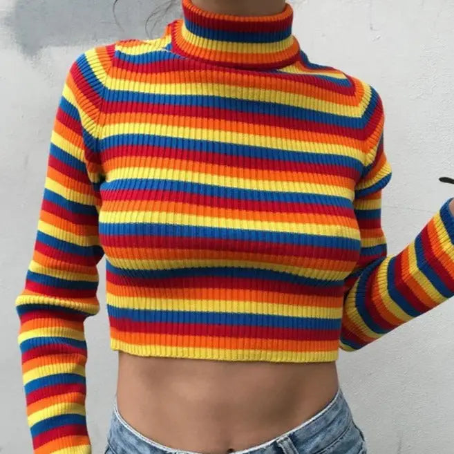 Rainbow Striped Turtle Neck Sweater One Size