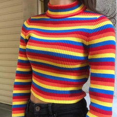 Rainbow Striped Turtle Neck Sweater One Size