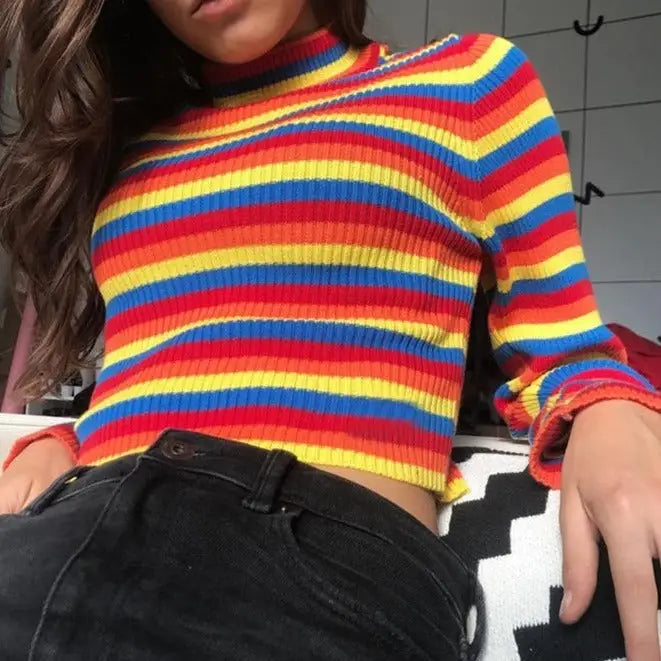 Rainbow Striped Turtle Neck Sweater One Size