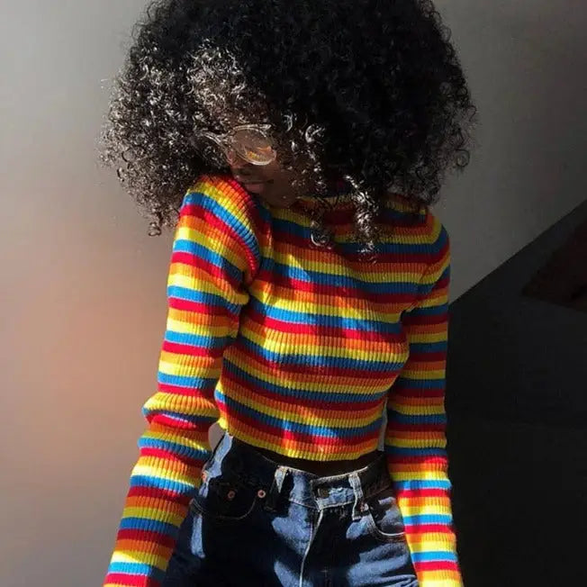 Rainbow Striped Turtle Neck Sweater One Size