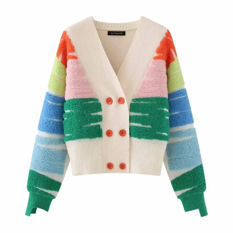 Rainbow Striped V Neck Cardigan Sweater