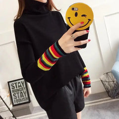Rainbow Turtleneck Striped Sweater - Black / One size