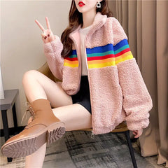 Rainbow Zipper Loose Fleece Coat - Pink / M - WINTER COATS