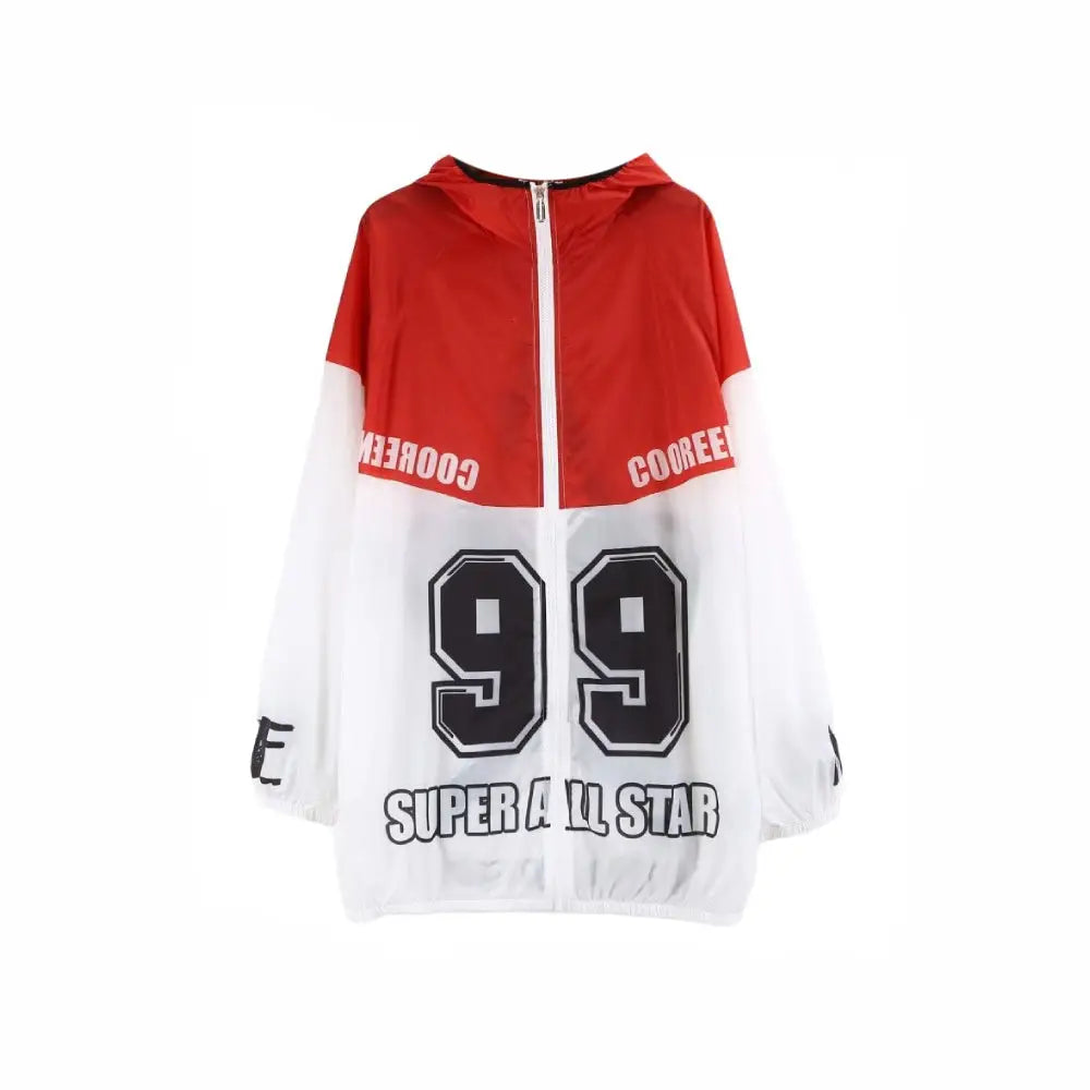 Red and White Contrast Color Long Sunscreen Hooded Jacket