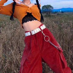 Red Big Pockets Chain Zipper High Waist Cargo Pants