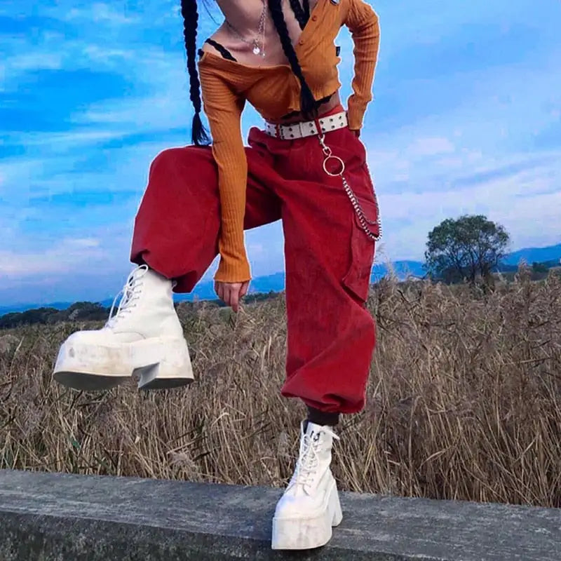 Red Big Pockets Chain Zipper High Waist Cargo Pants