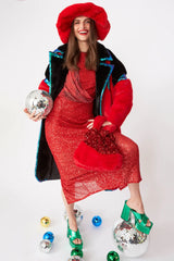 Red Faux Fur Coat with Sequin Trim