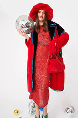 Red Faux Fur Coat with Sequin Trim