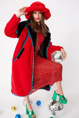 Red Faux Fur Coat with Sequin Trim S-M