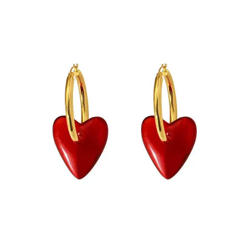 Red Heart Drop Earrings - Gold